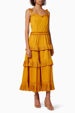 Golden Fields Pleated Midi Dress