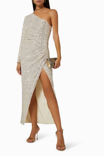 hover state of Opal Ruched Sequin Gown