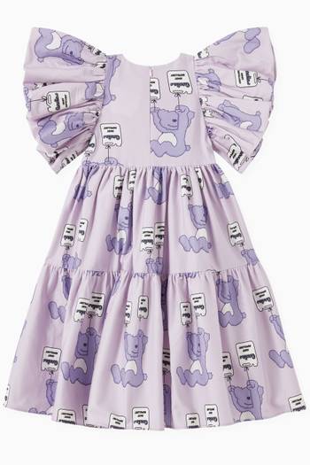 hover state of Ruffle Sleeve Dress in Sitting Teddy Print Cotton 