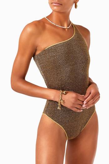hover state of Lumiere Asymmetrical Maillot in Metallic Nylon