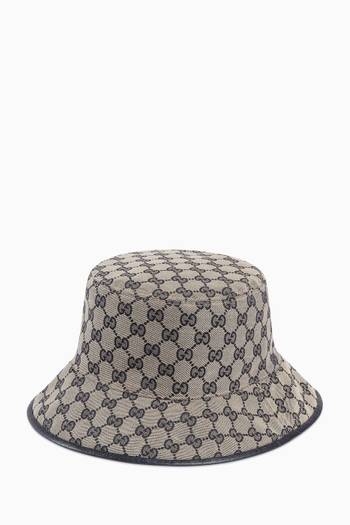 hover state of Reversible Bucket Hat in GG Canvas & Horsebit Striped Wool    