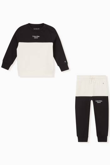 hover state of Colour-block Logo Sweatshirt & Pants Set in Organic Cotton Terry