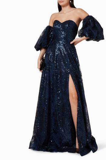 hover state of Detachable Sleeve Strapless Gown in Glitter
