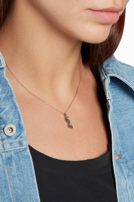 hover state of Rose-Gold & Blue-Diamond Seahorse Necklace