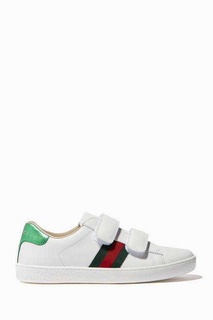 hover state of White Velcro Strap Leather Sneakers