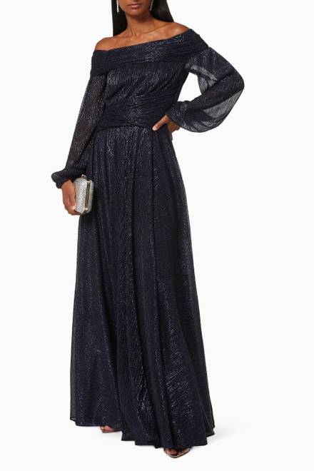 hover state of Metallic Off Shoulder Gown with Pleats  