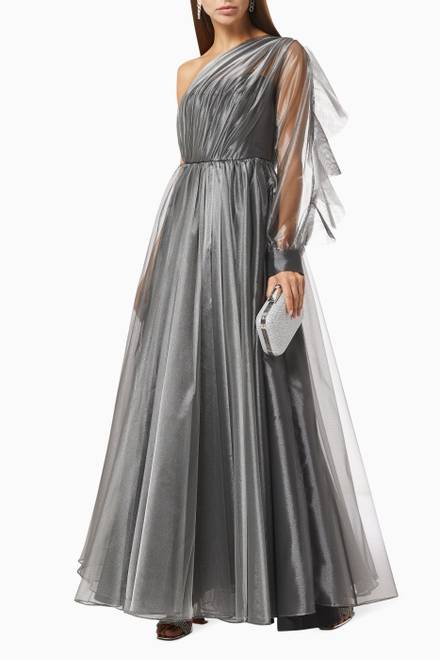 hover state of Draped Ruffle Dress in Satin & Tulle  