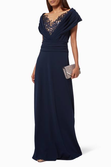 hover state of Pleated Embroidered Gown in Crepe