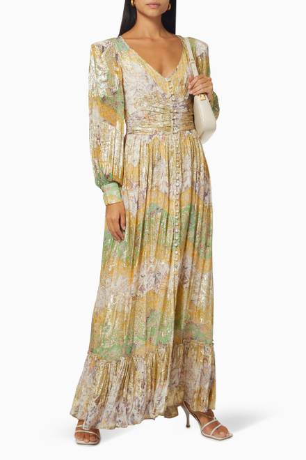 hover state of Kalon Ruched Long Dress in Georgette & Floral Boota Lurex    