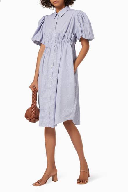 hover state of Puff Sleeve Shirred Dress in Cotton 