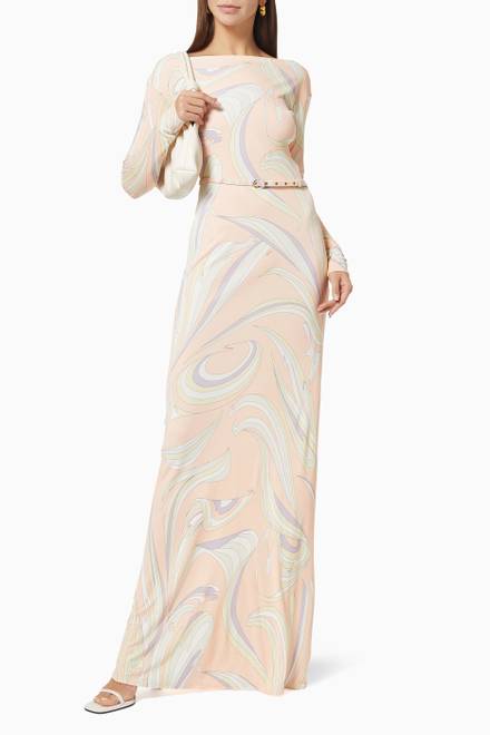 hover state of Vortici Print Belted Maxi Dress in Jersey  