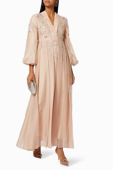 hover state of Floral & Sequin Embellished Dress in Linen  