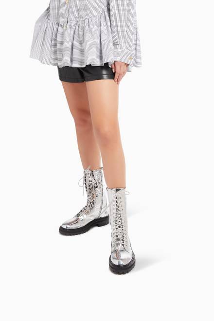 hover state of Cora Flat Tall Combat Boots in JC Mirror Fabric  