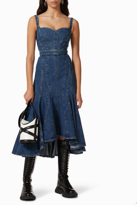 hover state of Fluted Denim Midi Dress in Cotton    