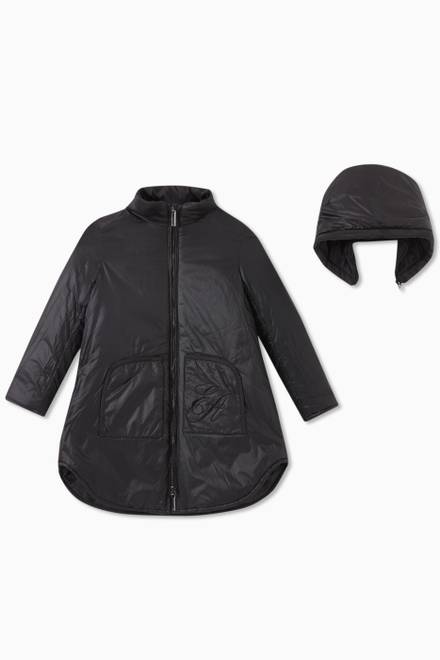 hover state of EA Eagle Reversible Longline Puffer Jacket in Nylon    