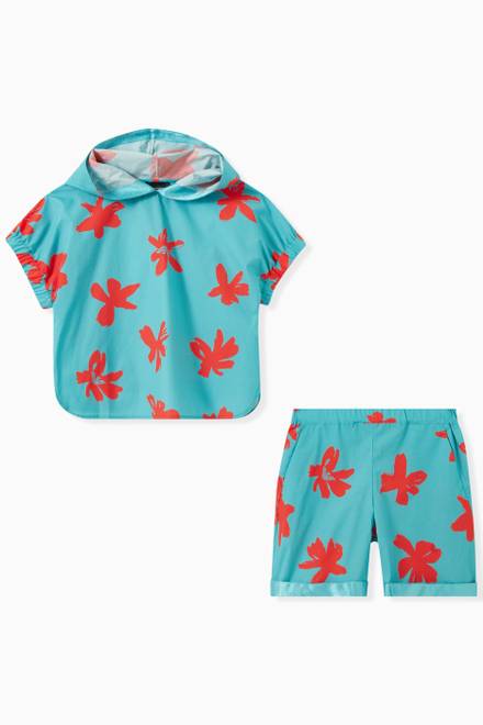 hover state of Flower Print Hooded Top & Shorts Set in Cotton