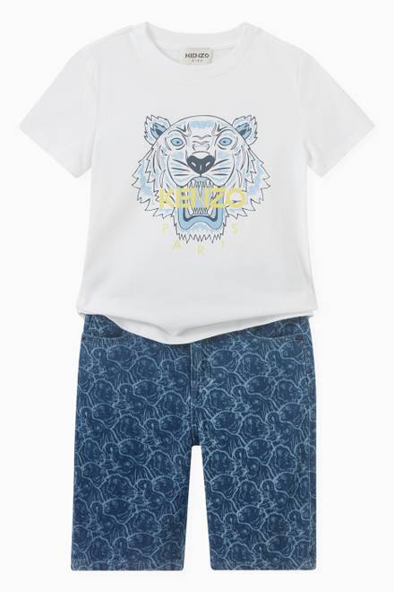 hover state of All-over Tiger Print Shorts in Denim