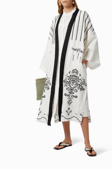 hover state of Contrast Embroidered Kimono in Linen  