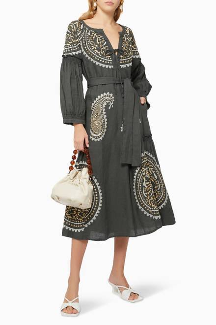 hover state of Contrast Embroidered Dress in Linen  