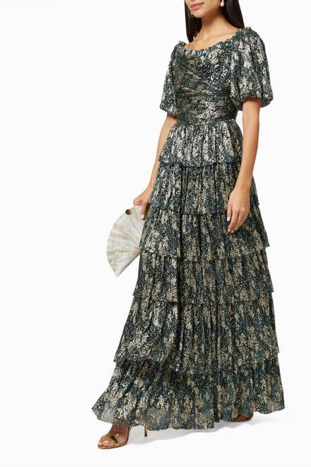hover state of Off-the-Shoulder Tiered Maxi Dress in Metallic Lurex