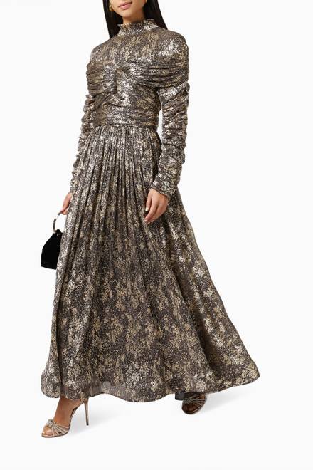 hover state of Gathered Long Sleeve Gown in Metallic Lurex