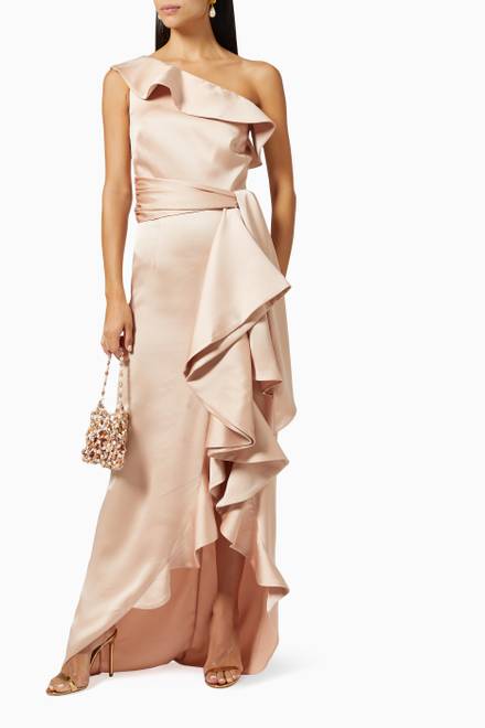 hover state of One Shoulder Ruffle Dress in Satin Twill   