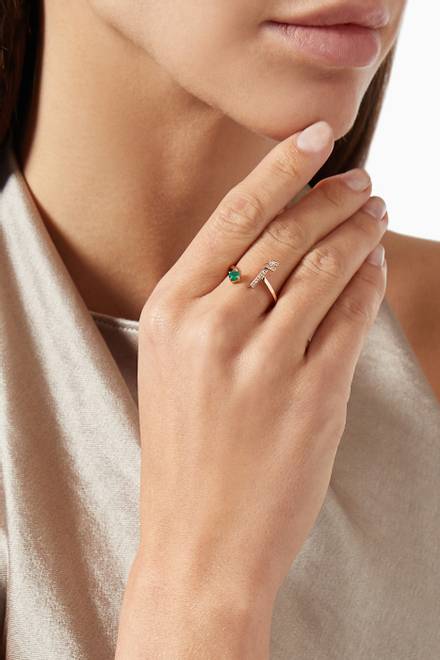 hover state of Glam Your Initial Letter "A" Emerald & Diamonds Ring in 18kt Rose Gold        