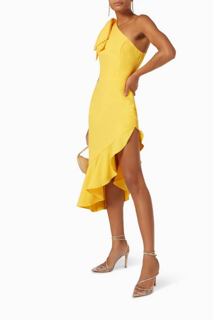 hover state of Bow Shoulder Asymmetric Midi Dress