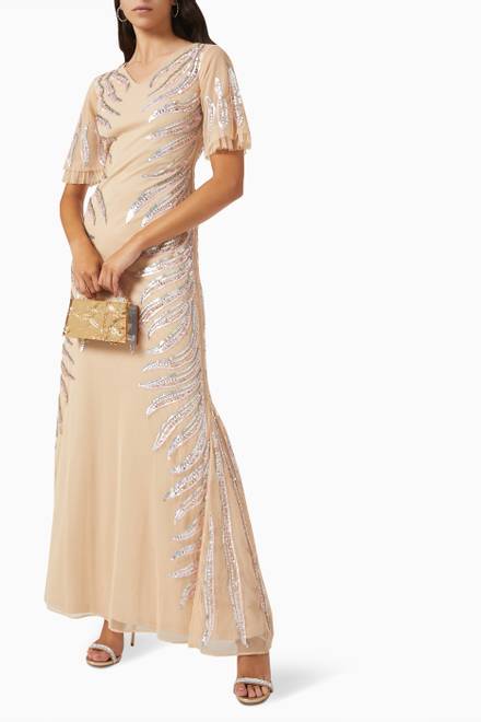 hover state of Feather Sequin Embellished Gown in Tulle Mesh
